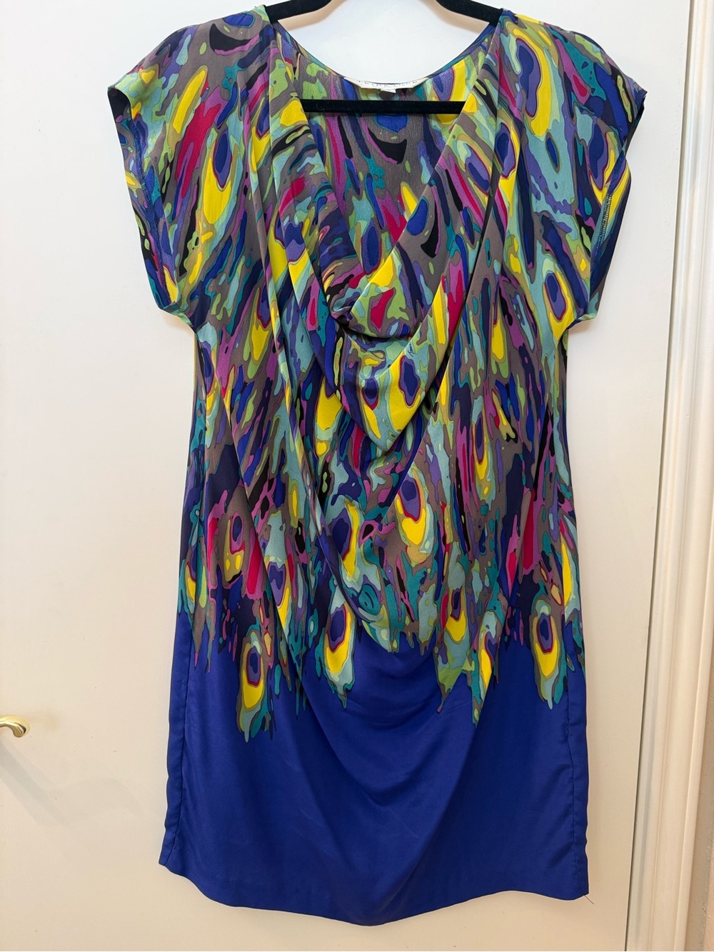 Trina Turk Multicolor Cowl Neck Mini Dress in Blue, Yellow, Pink watercolor